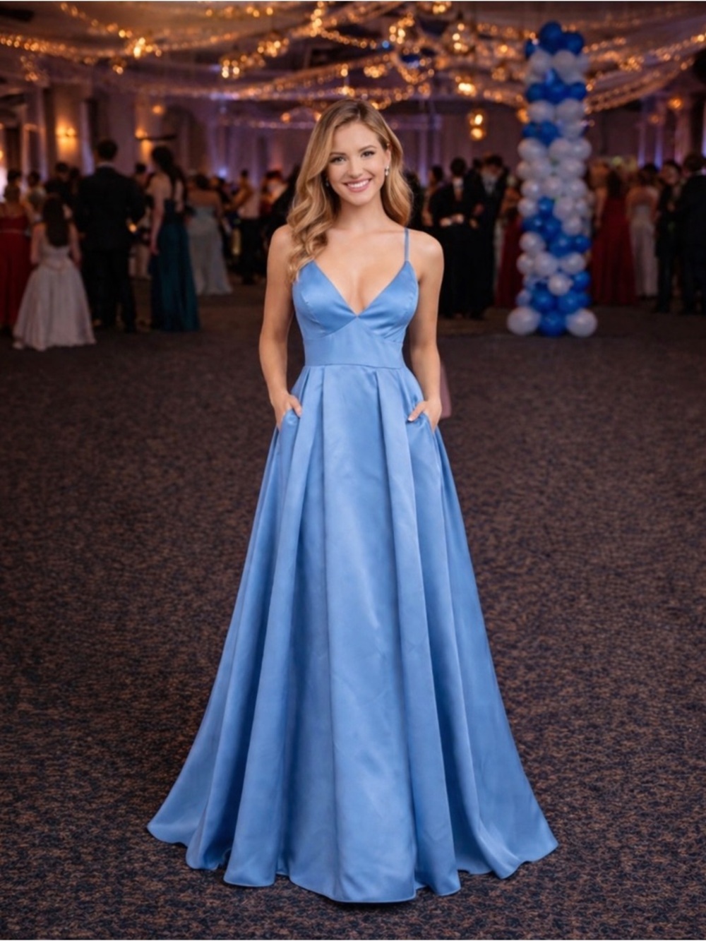B. Darlin Satin V-Neck Spaghetti Strap Evening Gown in Cornflower Blue 1/2